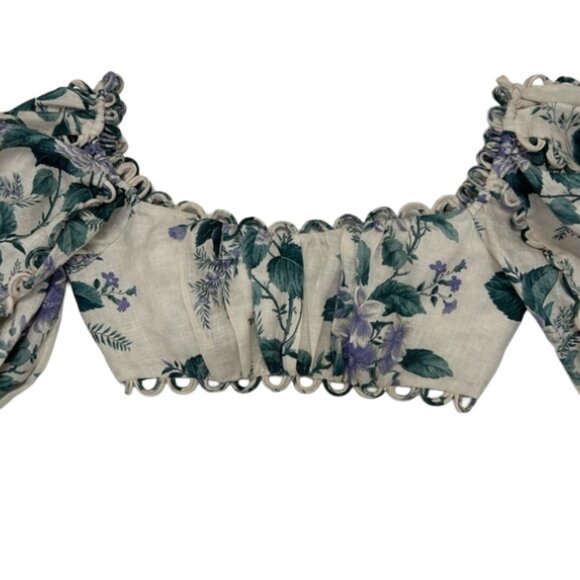Zimmermann Floral Linen Loop Trim Puff Sleeve Crop Top 0 XS Designer Luxury - Picture 5 of 16
